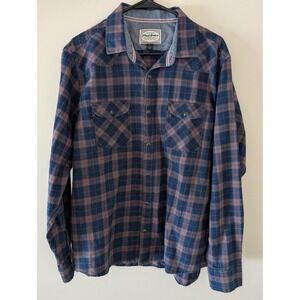 Flag & Anthem Western Shirt Men's Large Long Sleeve Red / Blue Plaid Brown Snaps